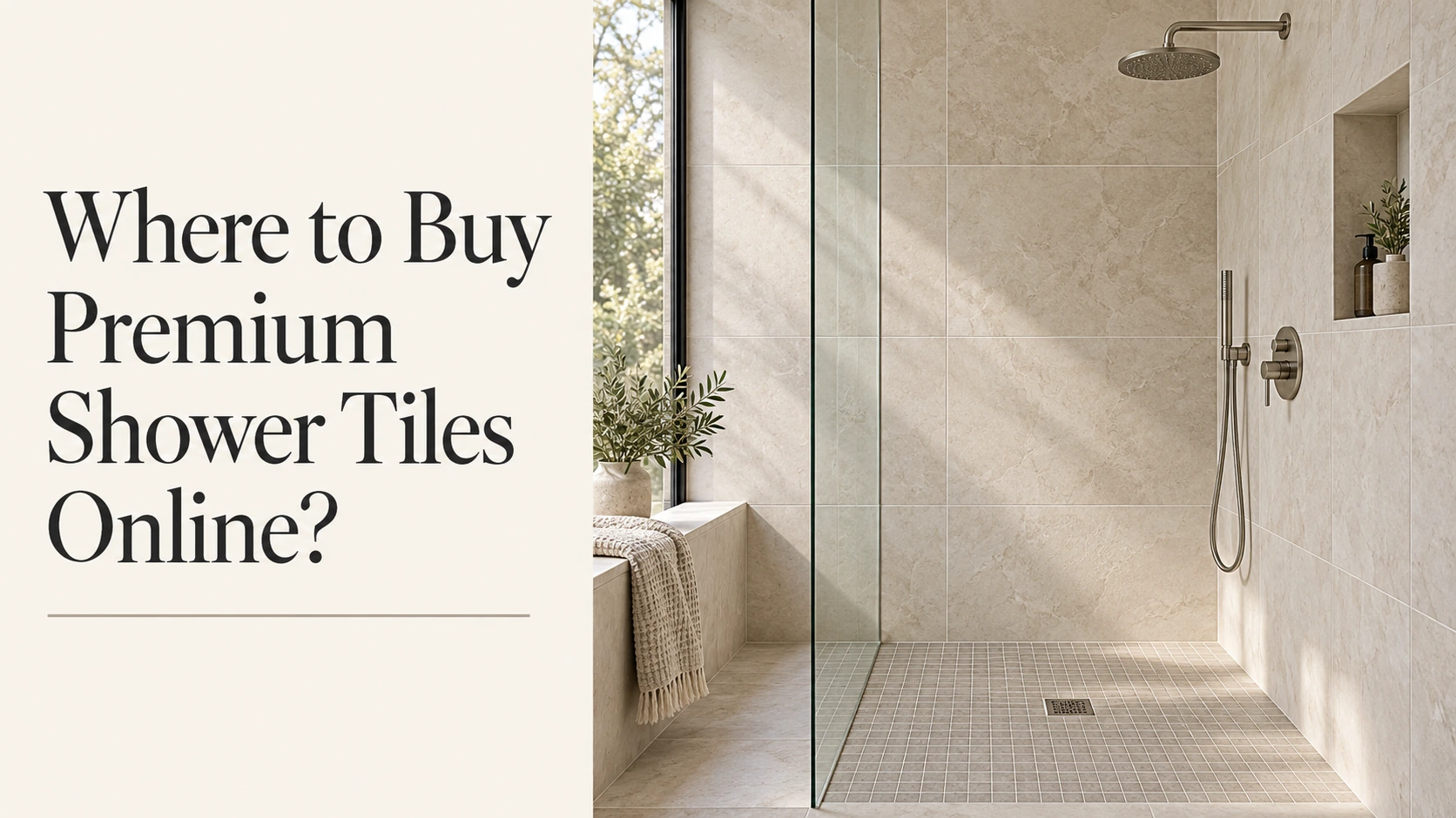 Walk-in shower with beige wall tiles and a mosaic floor