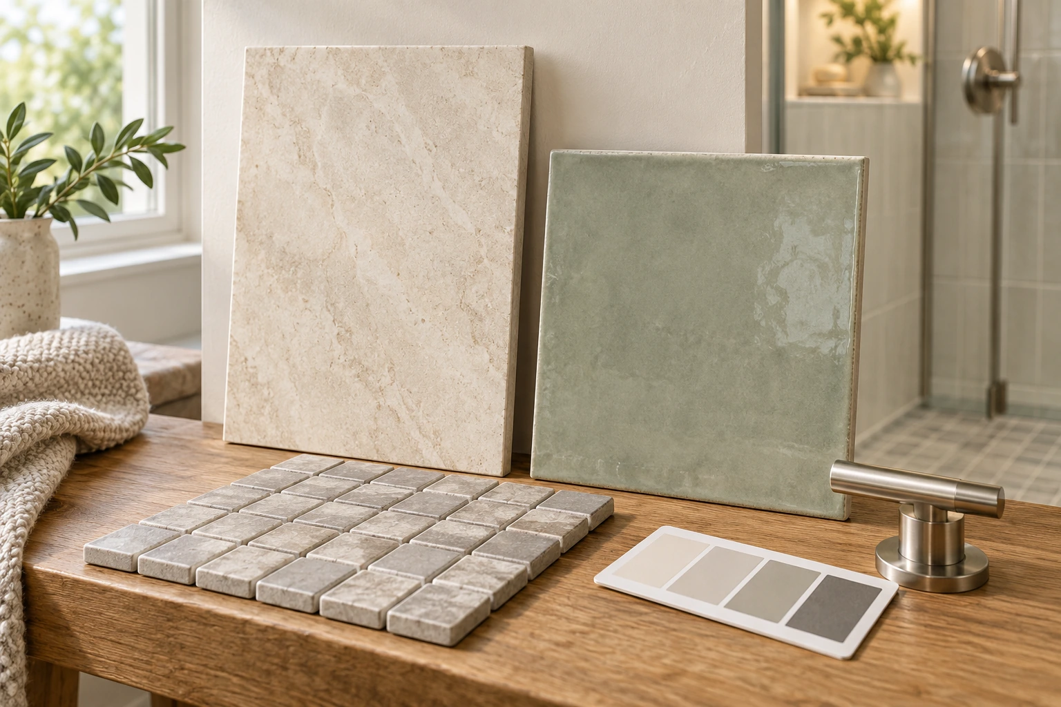Ivory and sage wall tile samples beside a gray mosaic, grout colors, and a fixture finish