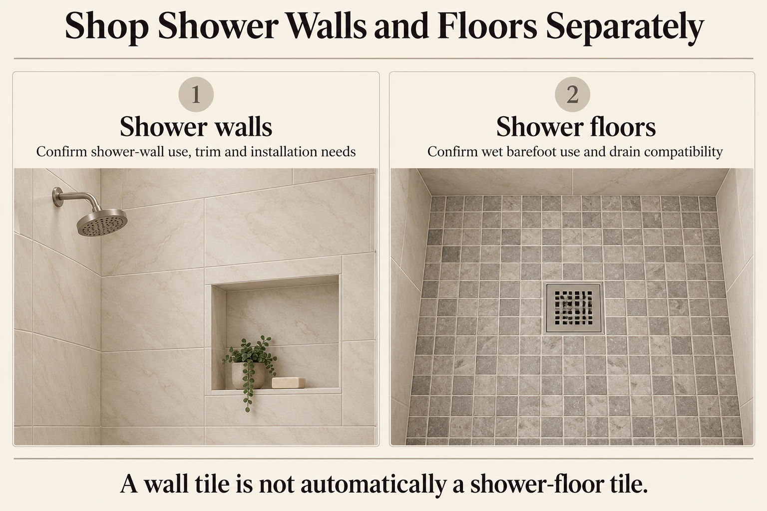 Shower wall and floor tile buying checklist covering intended use, trim, and drain compatibility